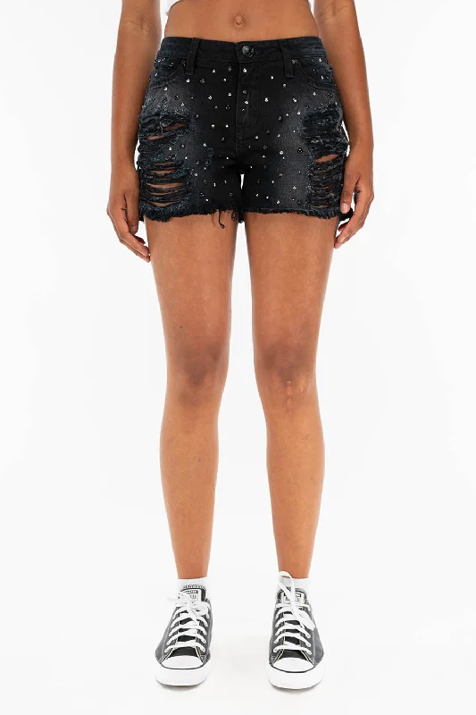 DESTROYED DENIM SHORTS WITH  CRYSTALS AND STUDS  IN BLACK