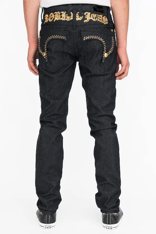 MENS RAW DENIM SLIM FIT KILLER FLAP JEANS WITH O.E. SCRIPT AND CRYSTALS