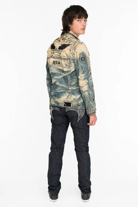 MENS RAW DENIM SLIM FIT KILLER FLAP JEANS WITH TWO TONE EMBROIDERED WINGS AND CRYSTALS