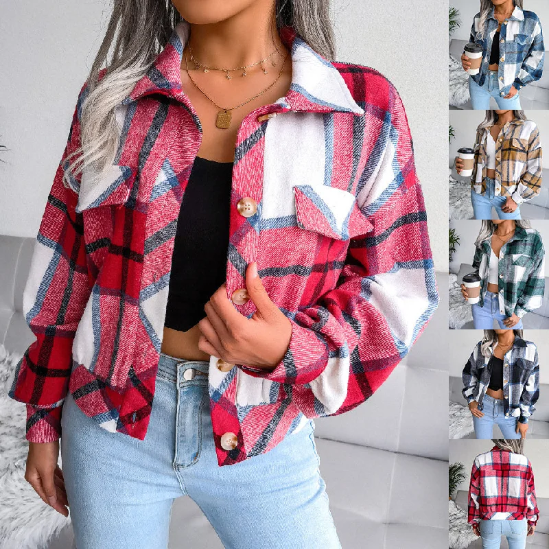 Plaid Lapel Cropped Jacket Fashion Loose Button Long Sleeve Short Outwear Tops Coat For Womens Clothing