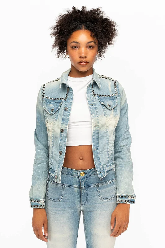 ROBIN'S JEAN DENIM JACKET IN 5D LIGHT BROKEN WASH WITH NICKEL STUDS AND CRYSTALS