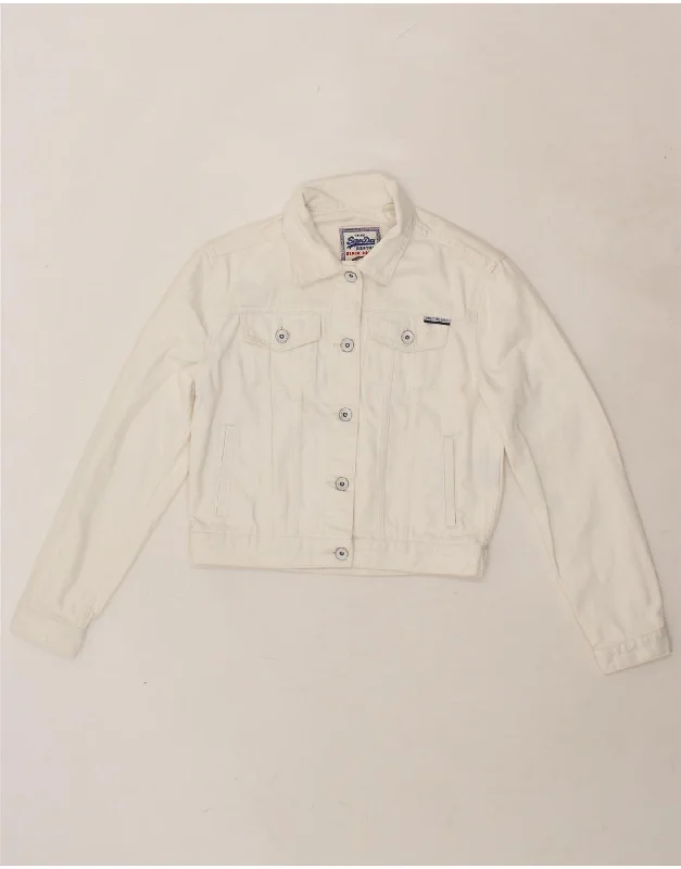 SUPERDRY Womens Crop Denim Jacket UK 8 Small White Cotton