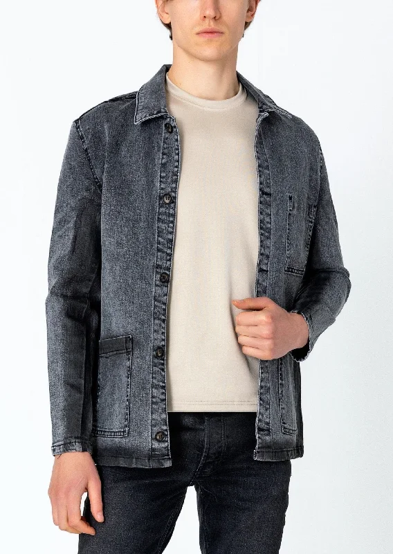 Patch Pocket Fitted Waxed Denim Jacket - Grey