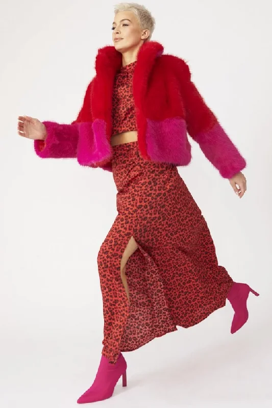 Red/ Pink Faux Fur Two Tone Double Cropped Coat