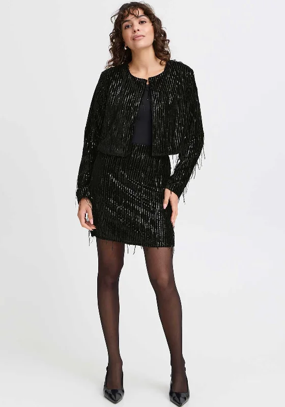 Fransa Winni Sequin Fringed Cropped Jacket, Black