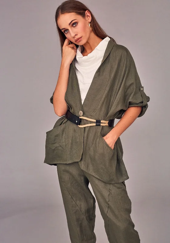 Naya Cropped Sleeve Linen Jacket, Green