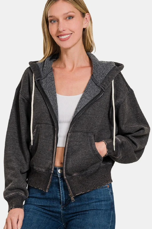 Ash Black Acid Wash Fleece Zip-Up Cropped Hoodie