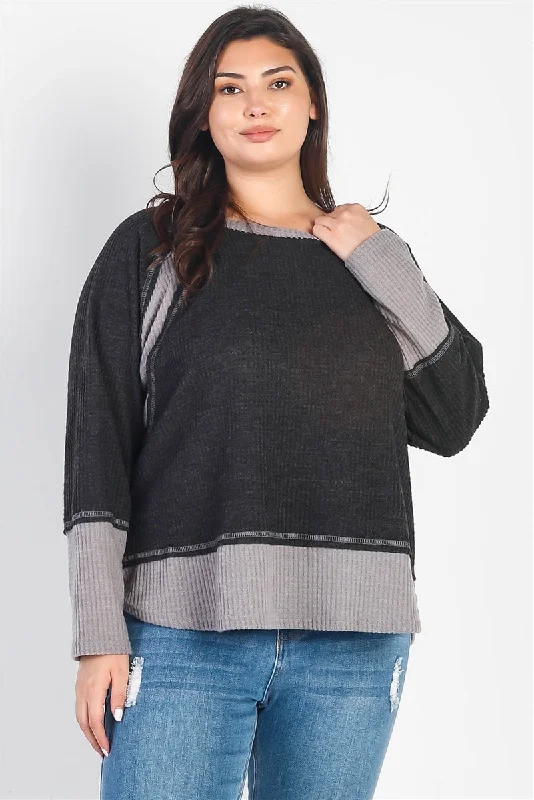 Plus Charcoal & Grey Colorblock Waffle Knit Long Sleeve Top