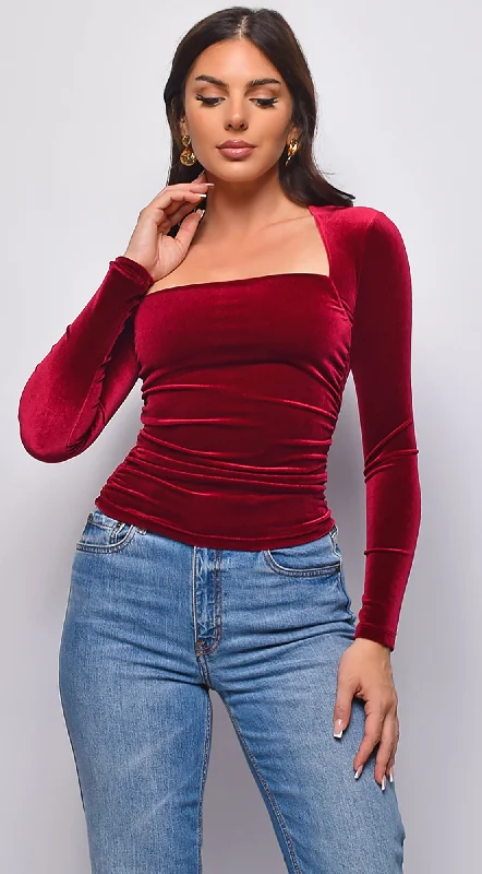 Adora Velvet Square Neck Long Sleeve Top - Burgundy