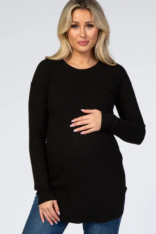 Black Long Sleeve Round Hem Textured Maternity Top