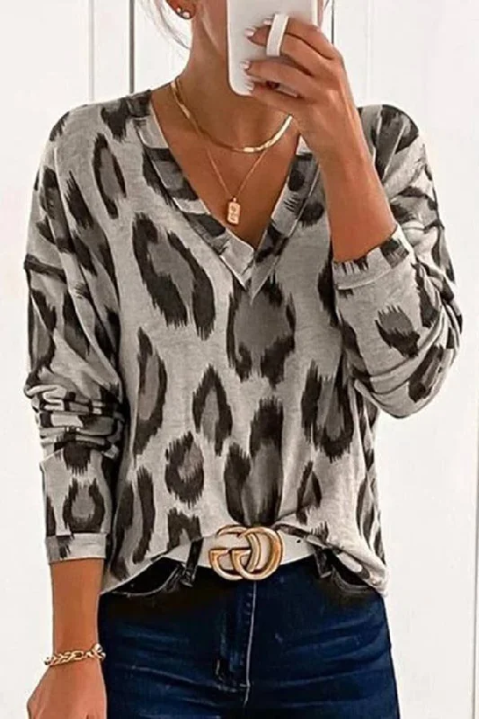 Here Little Kitty Long Sleeve Gray Leopard Top