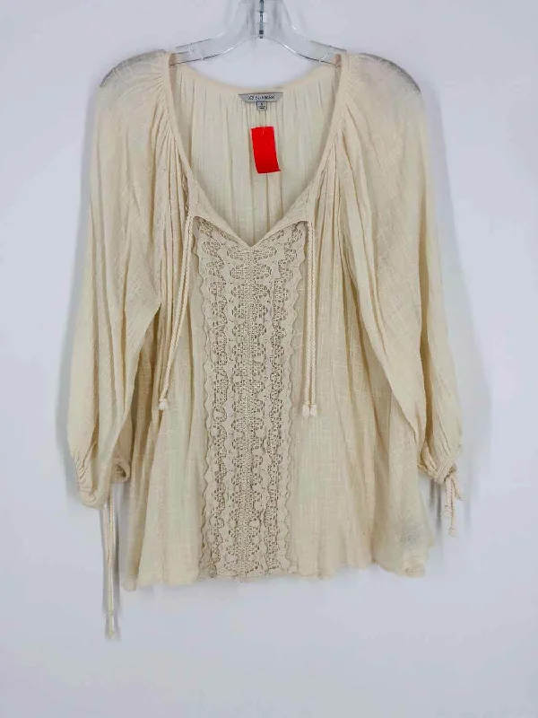 John Mark Size S Cream Crocheted Paneled Tops Top-Long Sleeve