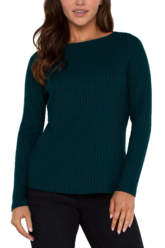 Liverpool Long Sleeve Boatneck Rib Top In Dark Forest