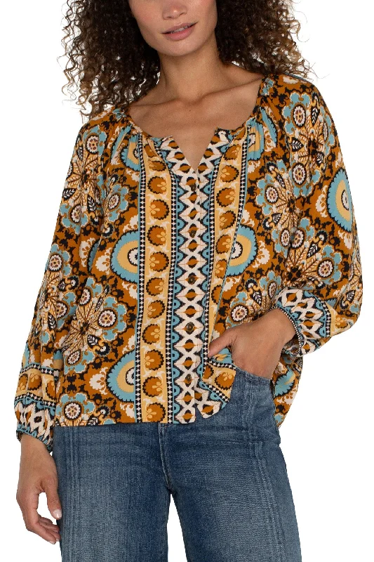 Liverpool Long Sleeve Button Up Blouse In Ocean Jasper Multi