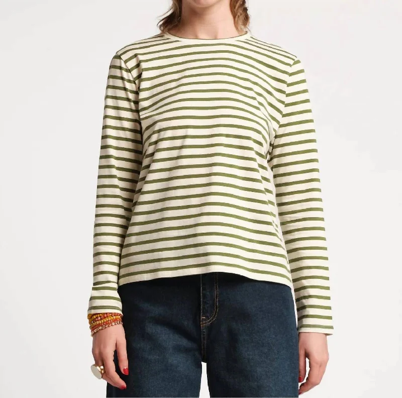 Long Sleeve Striped Tee In Oyster/green