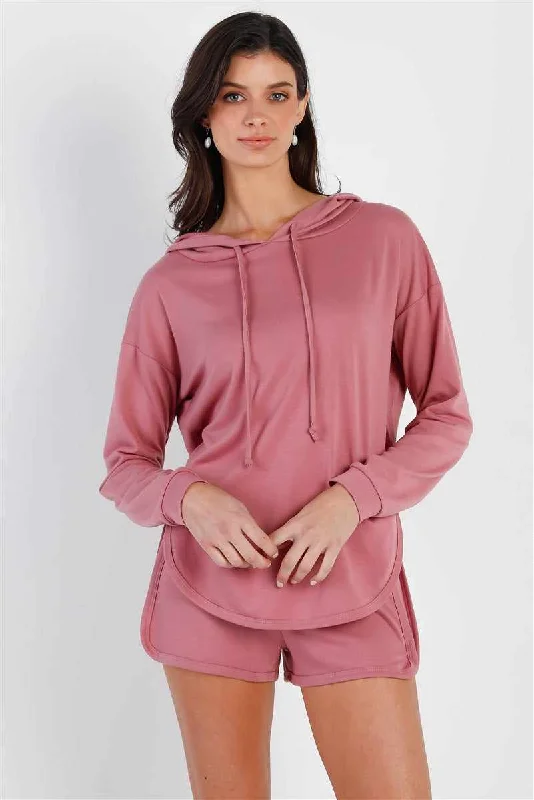 Mauve Racer Back Detail Long Sleeve Hooded Top & Short Set