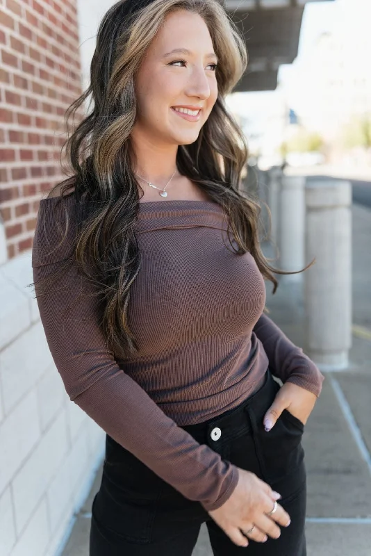 Mocha Off The Shoulder Long Sleeve Top