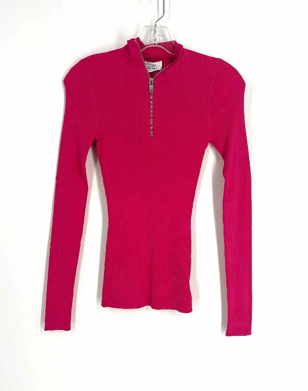 & Other Stories Size S Hot Pink Quarter Zip Ribbed Designer Top-Long Sleeve