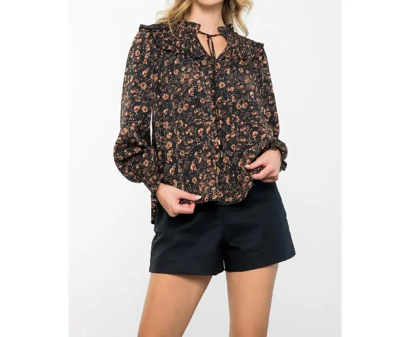 Smocked Detail Long Sleeve Print Top In Black