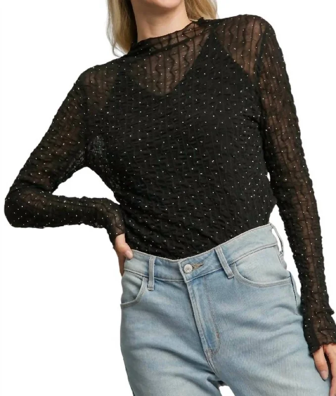 Stretch Long Sleeve Lace Top In Black