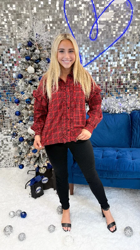 "Through The Years" Long Sleeve Plaid Ruffle Top