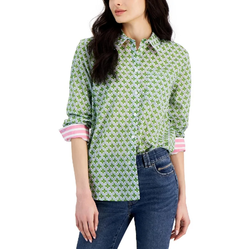 Womens Geometric Long Sleeve Button-Down Top