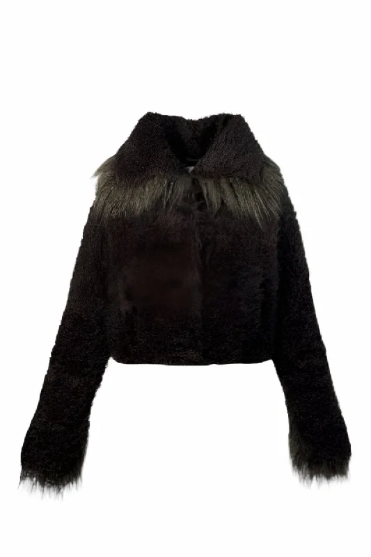 CROPPED FAUX FUR JACKET WITH TURN-UP CUFFS IN BROWN