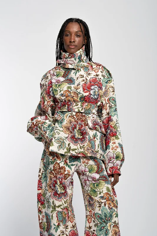 WHITE FLORAL BROCADE CROPPED TRENCH COAT STYLE JACKET