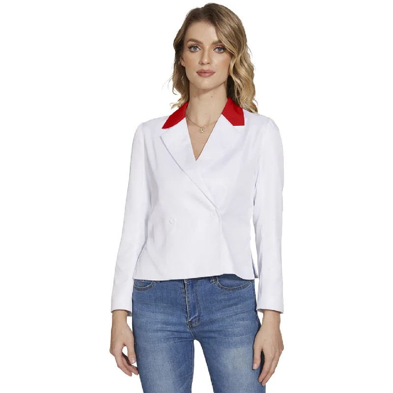 White Red Women's Long Sleeve Revers Collar Cropped Jacket